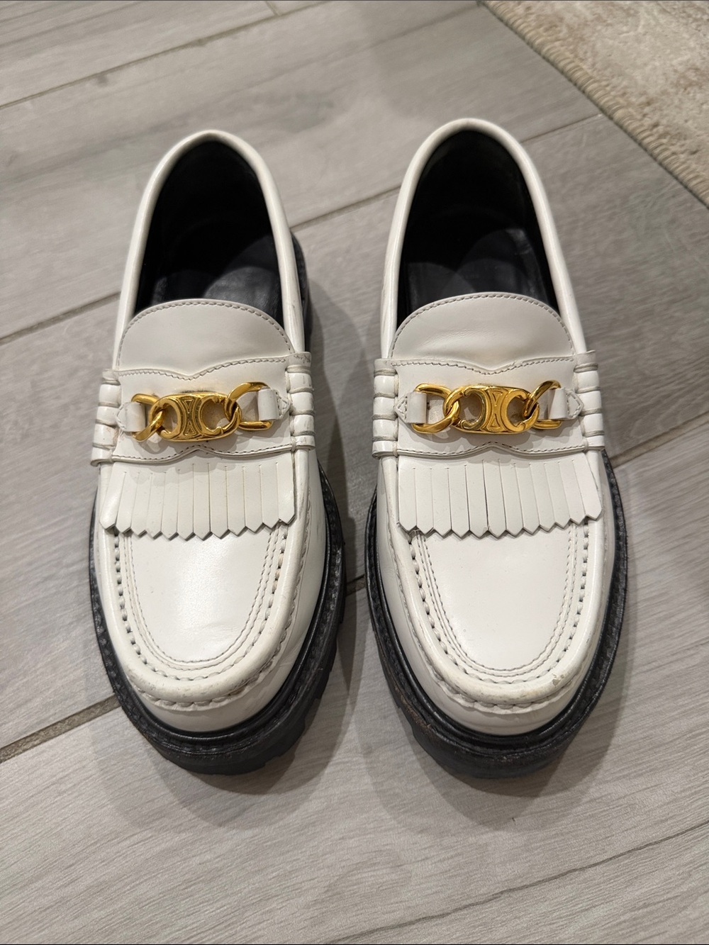 Celine White Leather womens Loafers with Gold Horsebit